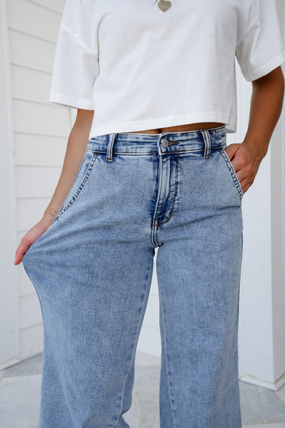Judy Blue High Rise Light Wash Retro Wide Leg Jean with Skewed Inseam