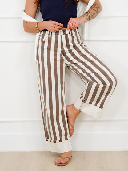 Stripe High Waist Cuffed Leg Barrel Pants
