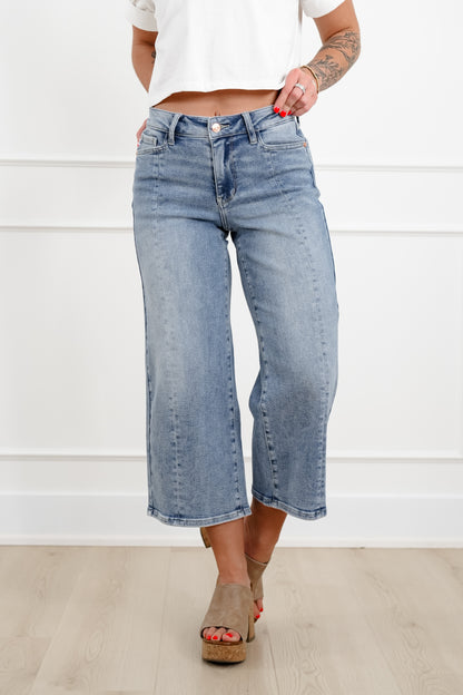 Judy Blue The Carolina Mid Rise Light Wash Crop Wide Leg Jeans with Center Seam