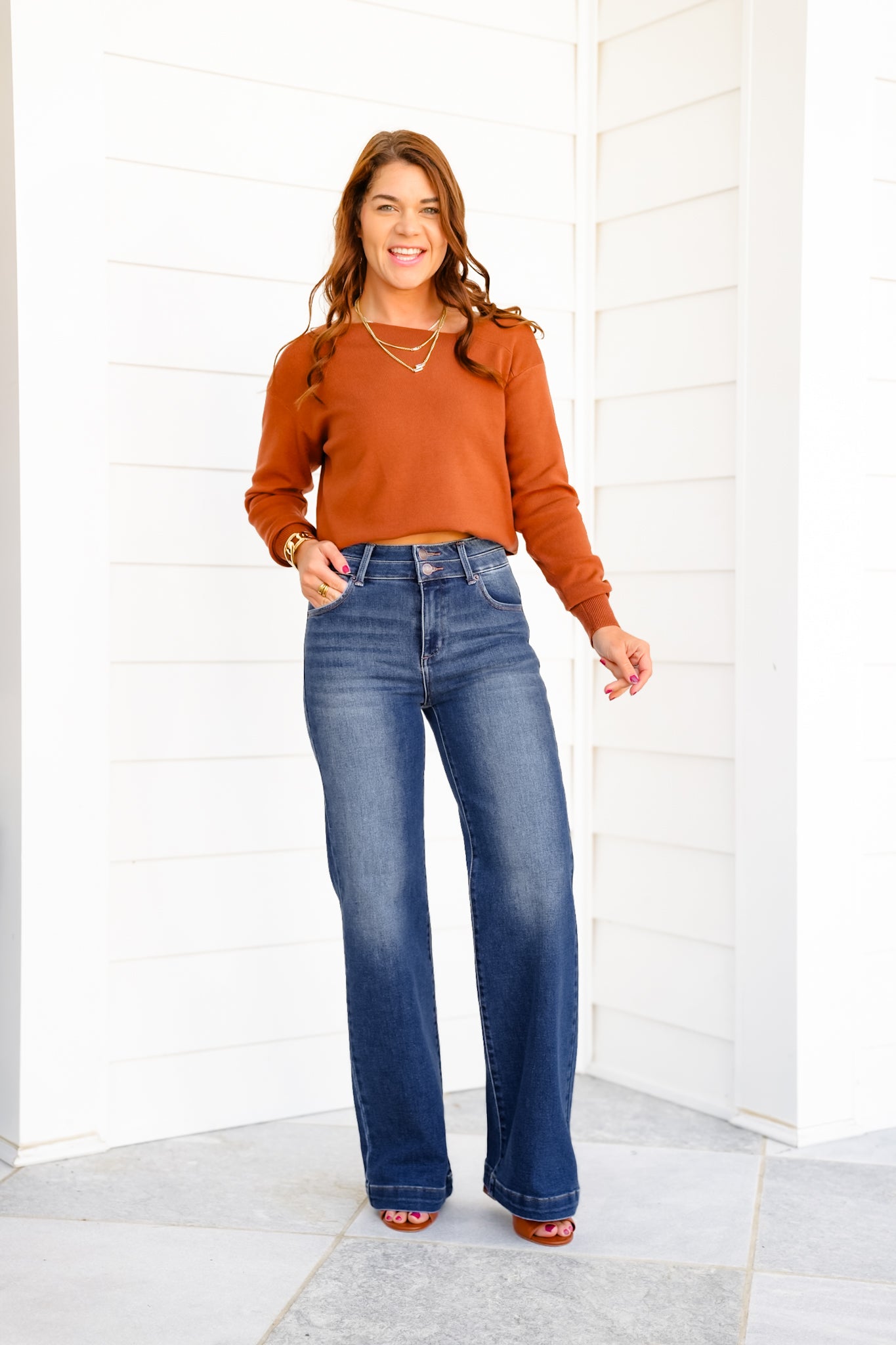 Risen High Rise Dark Wash Double Waistband Wide Leg Jeans