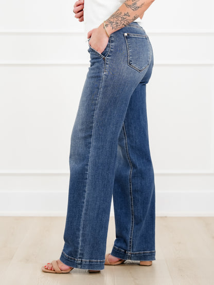 Restock! Judy Blue Anytime Anyplace Medium Wash High Waisted Double Button Wide Leg Jeans