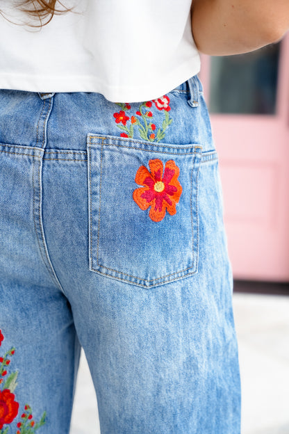 Restock! Wildflower Drive Mineral Wash Relaxed Fit Denim Jeans with Floral Embroidery Detail