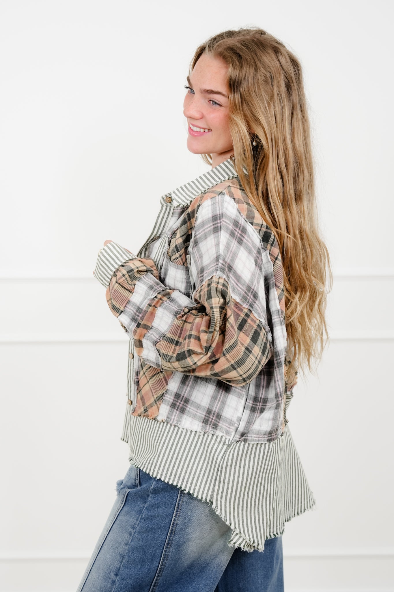 Plaid Pattern Long Sleeve Button Up Top