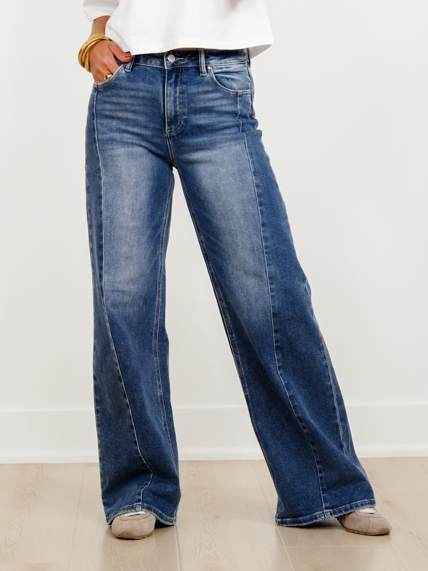 Restock! Risen The Willow Multi Inseam Dark Wash Wide Leg Seam Front Jeans