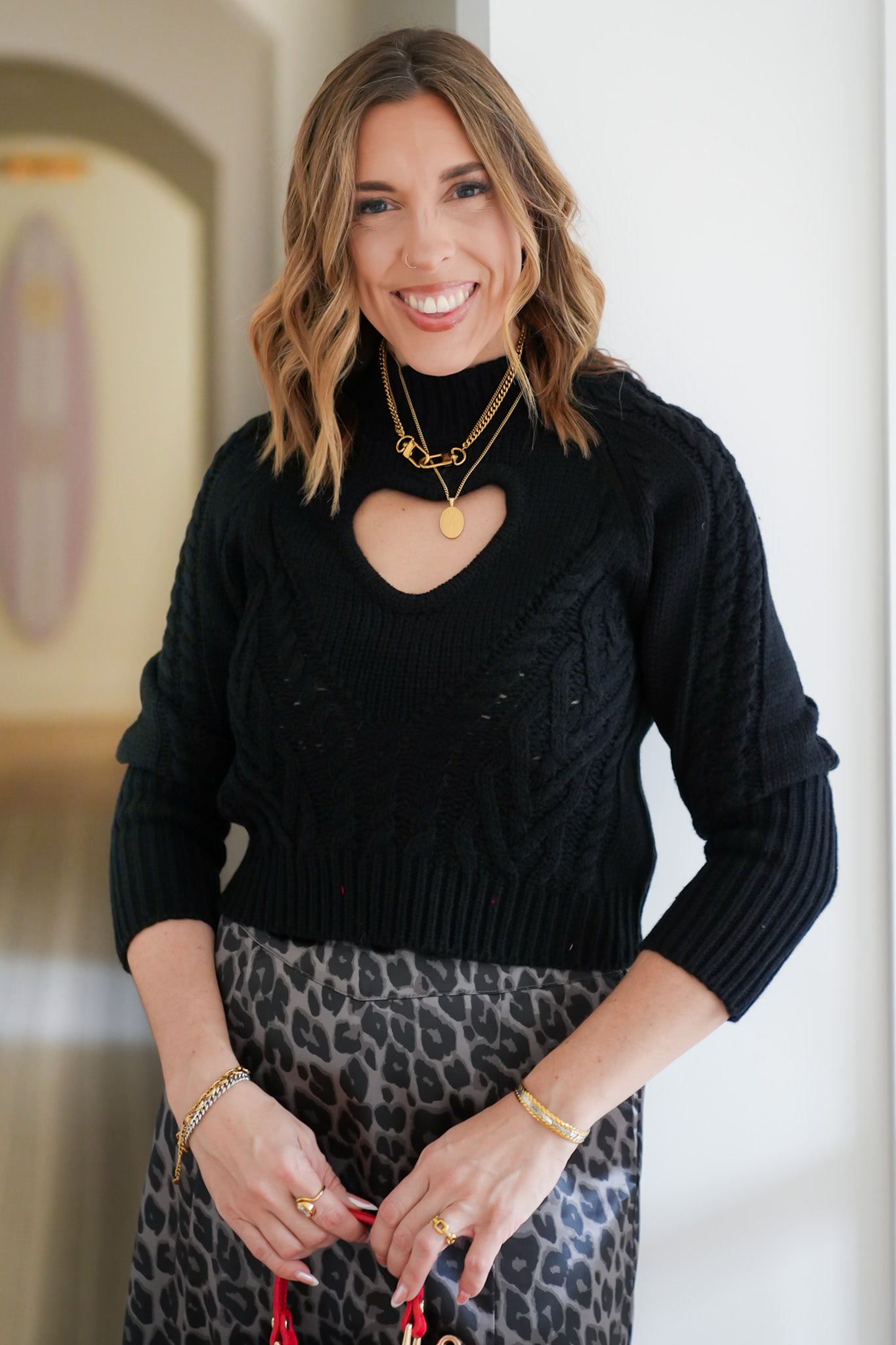 Long Sleeve Pullover Crop Sweater with Heart Cut Out Detail