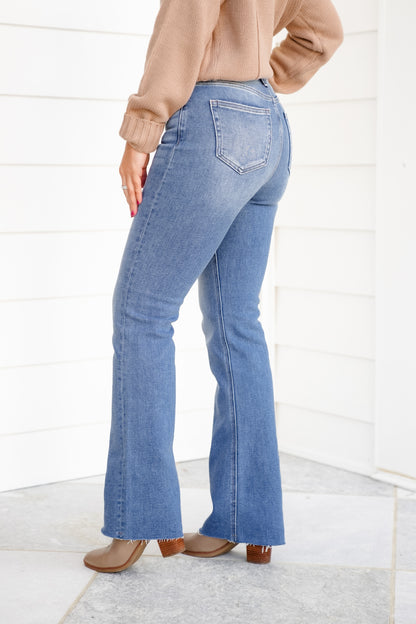 High Rise Medium Wash Flare Jeans with Raw Hem