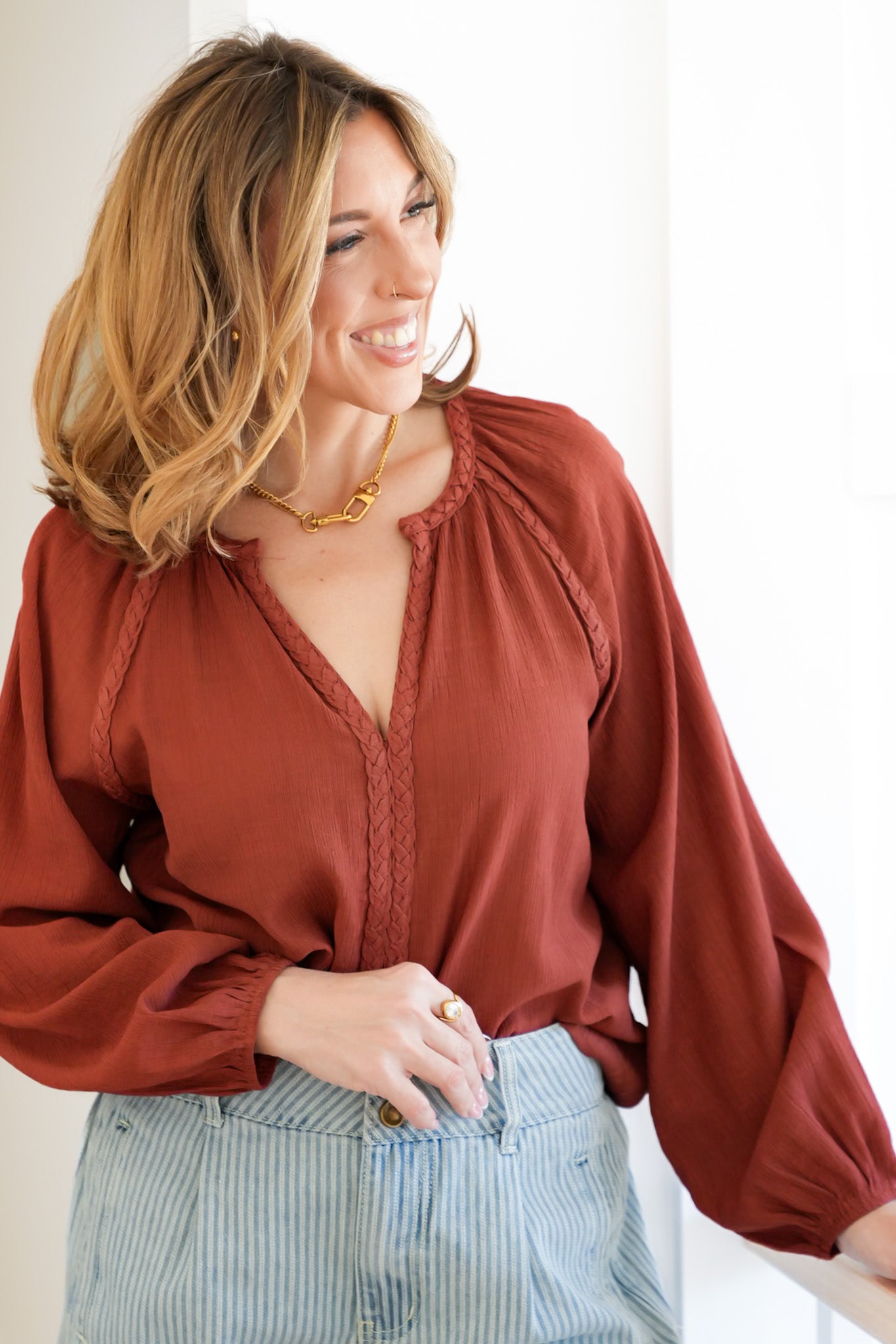 Long Sleeve V Neck Top with Braided Trim