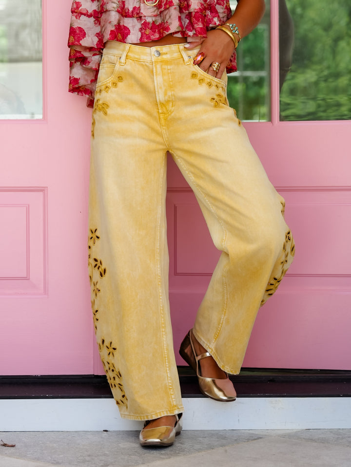 Saige High Rise Yellow Tummy Control Barrel Jeans With Eyelet Embroidery