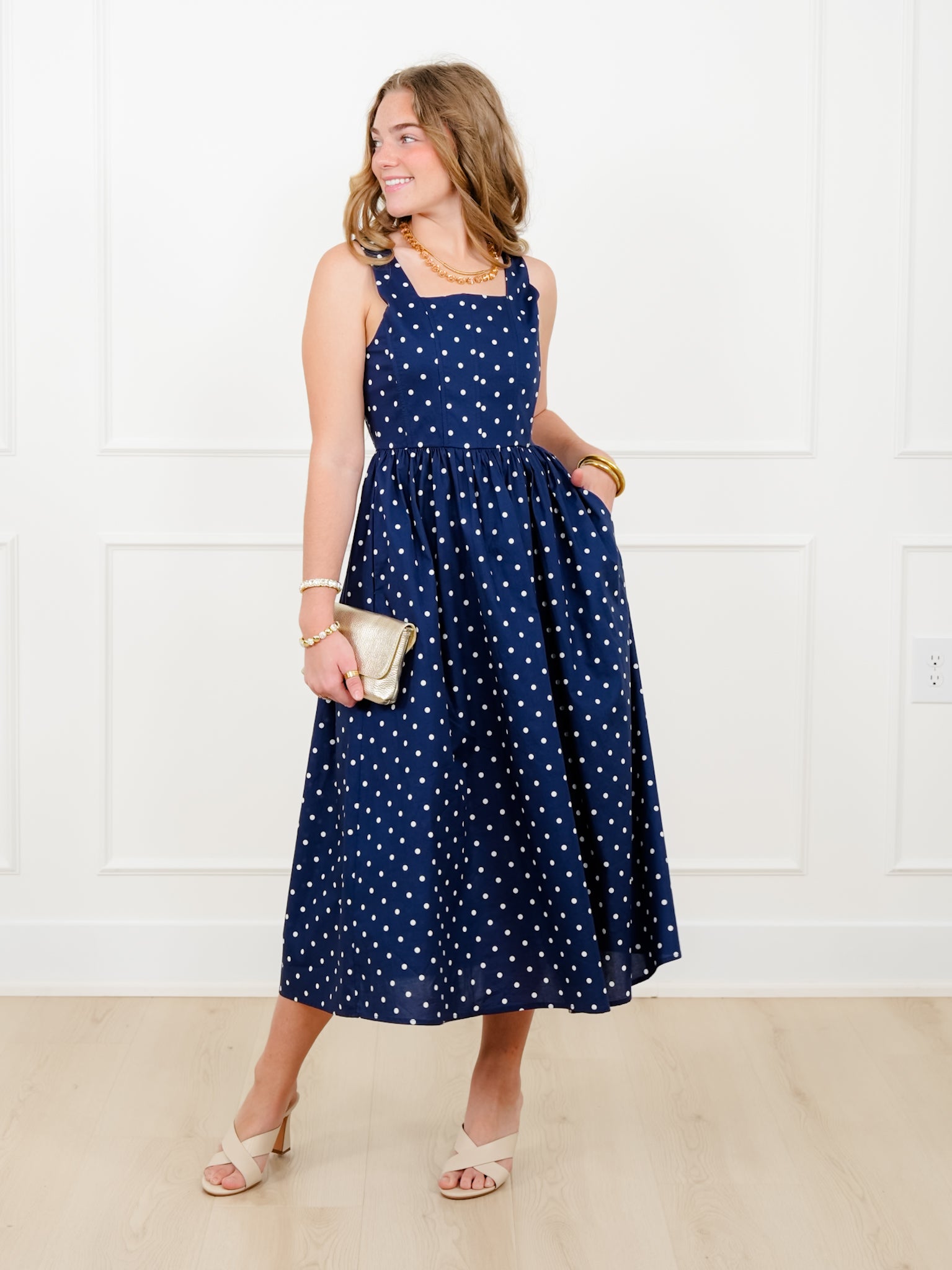 Polka Dot Sleeveless Square Neck Midi Dress Freckled Poppy Polka Dot Sleeveless Square Neck Midi Dress Freckled Poppy