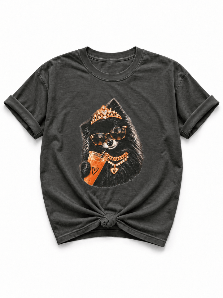 Plus/Reg Short Sleeve Glam Pomeranian Drinking Ice Coffee Graphic Tee - Freckled Poppy