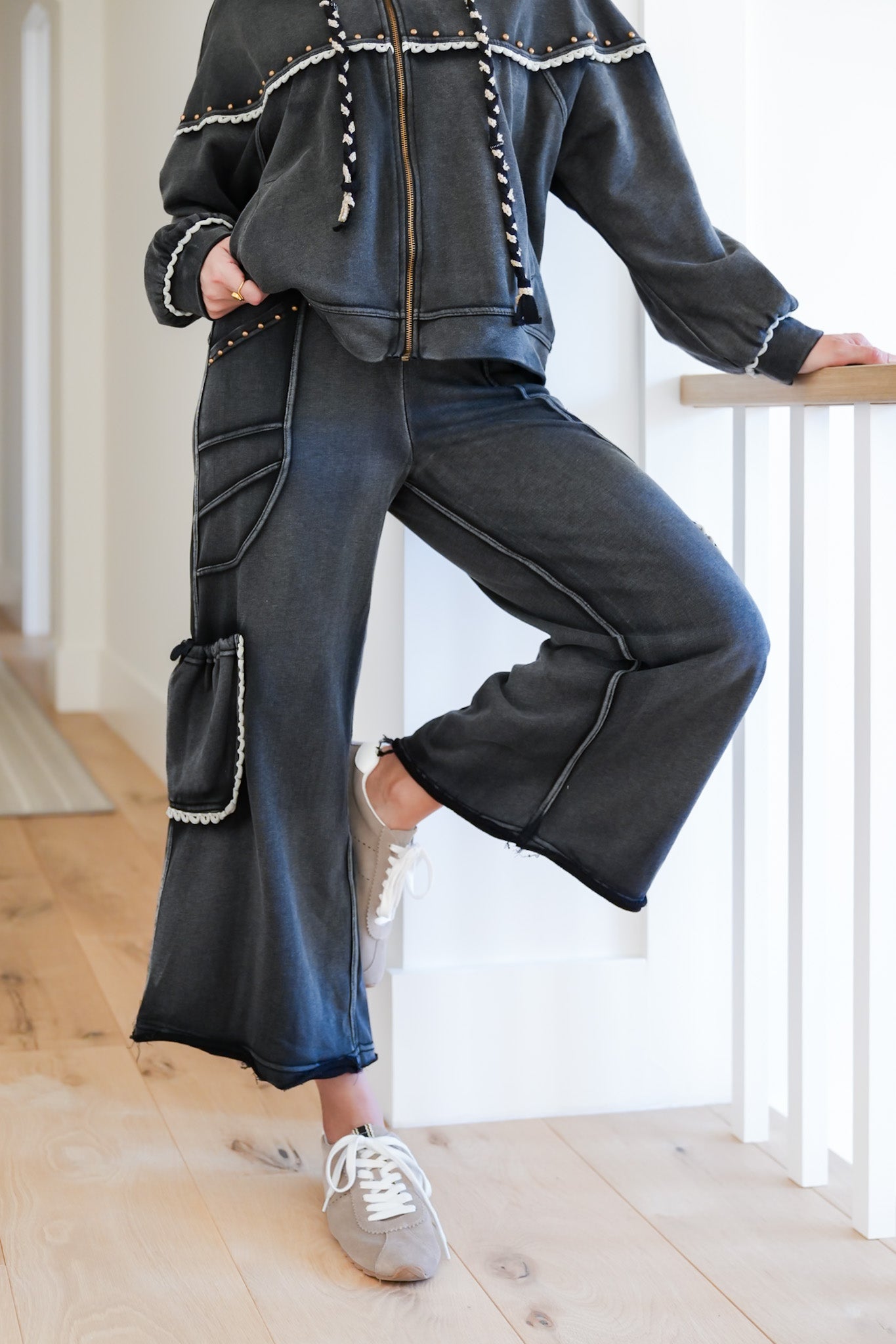 POL Washed Elastic Waist Pants with Stud Trim