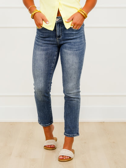 Special A Mid Rise Medium Wash Slim Cuffed Boyfriend Jeans