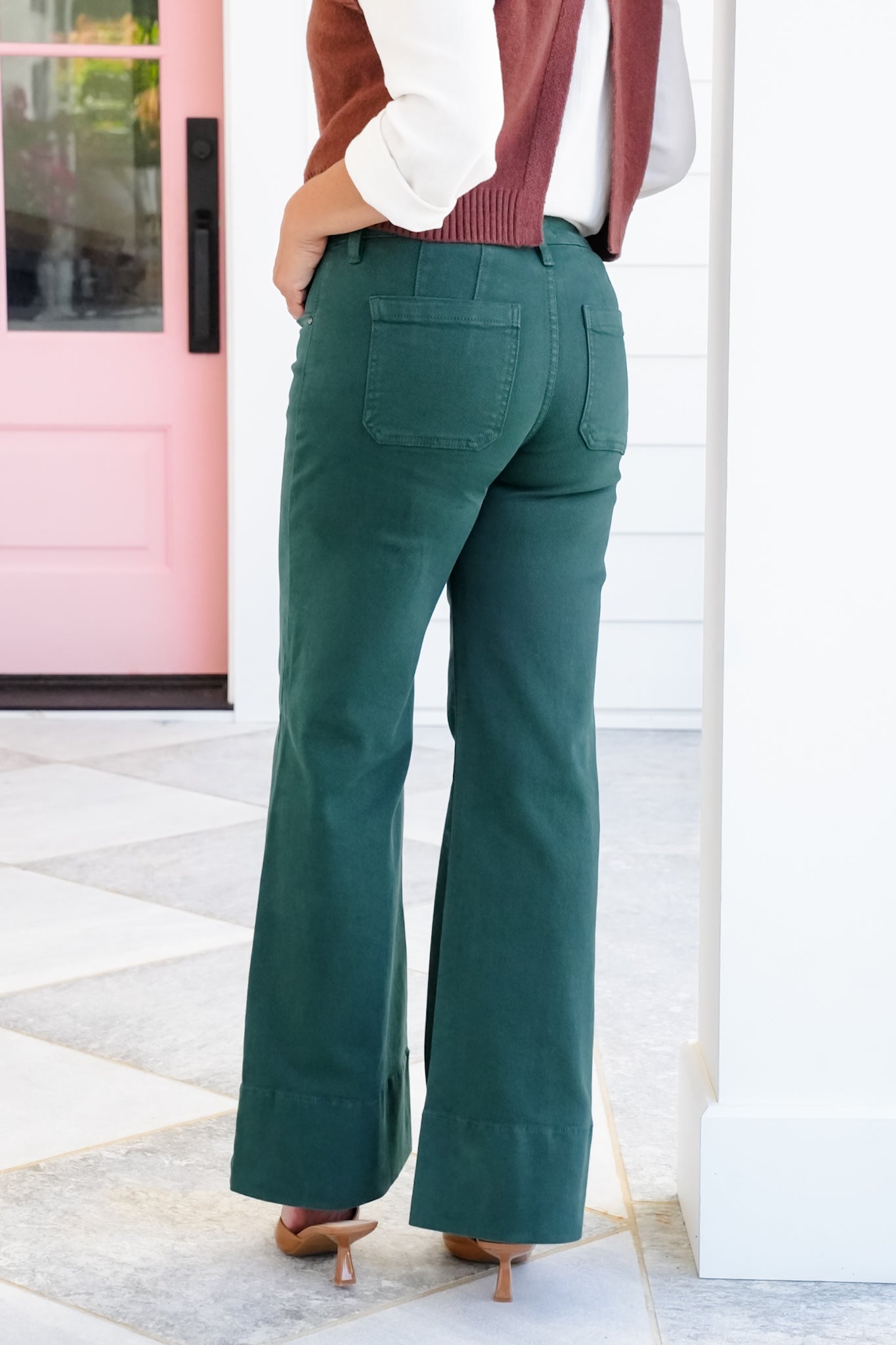Risen Mid Rise Green Tummy Control Wide Leg Jeans with Large Wide Hem