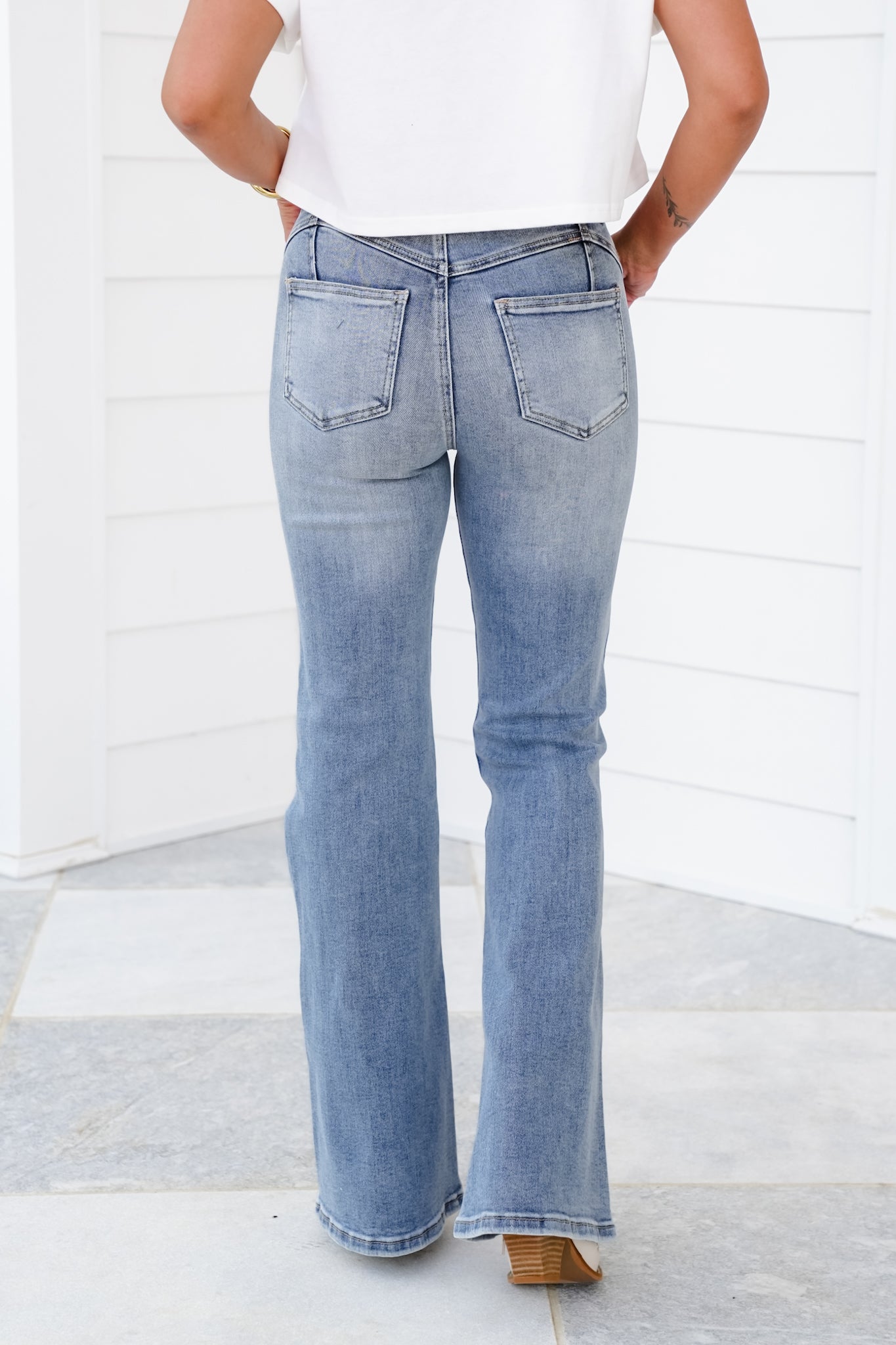 Saige High Rise Medium Wash Tummy Control Flare Jeans With Embroidery