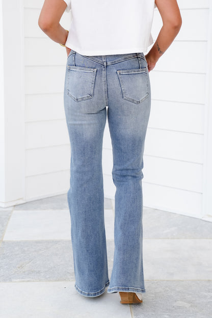 Saige High Rise Medium Wash Tummy Control Flare Jeans With Embroidery