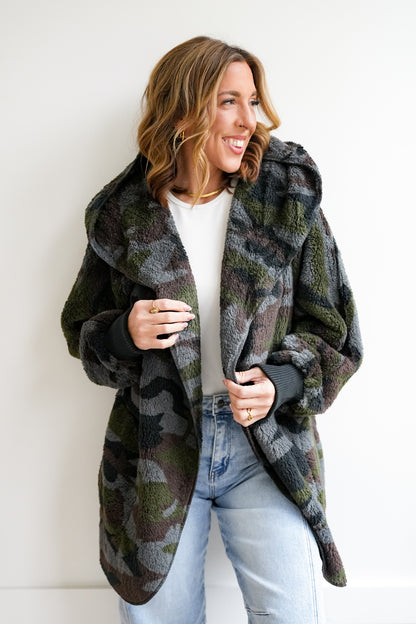 Camo Fur Long Sleeve Open Front Hooded Jacket