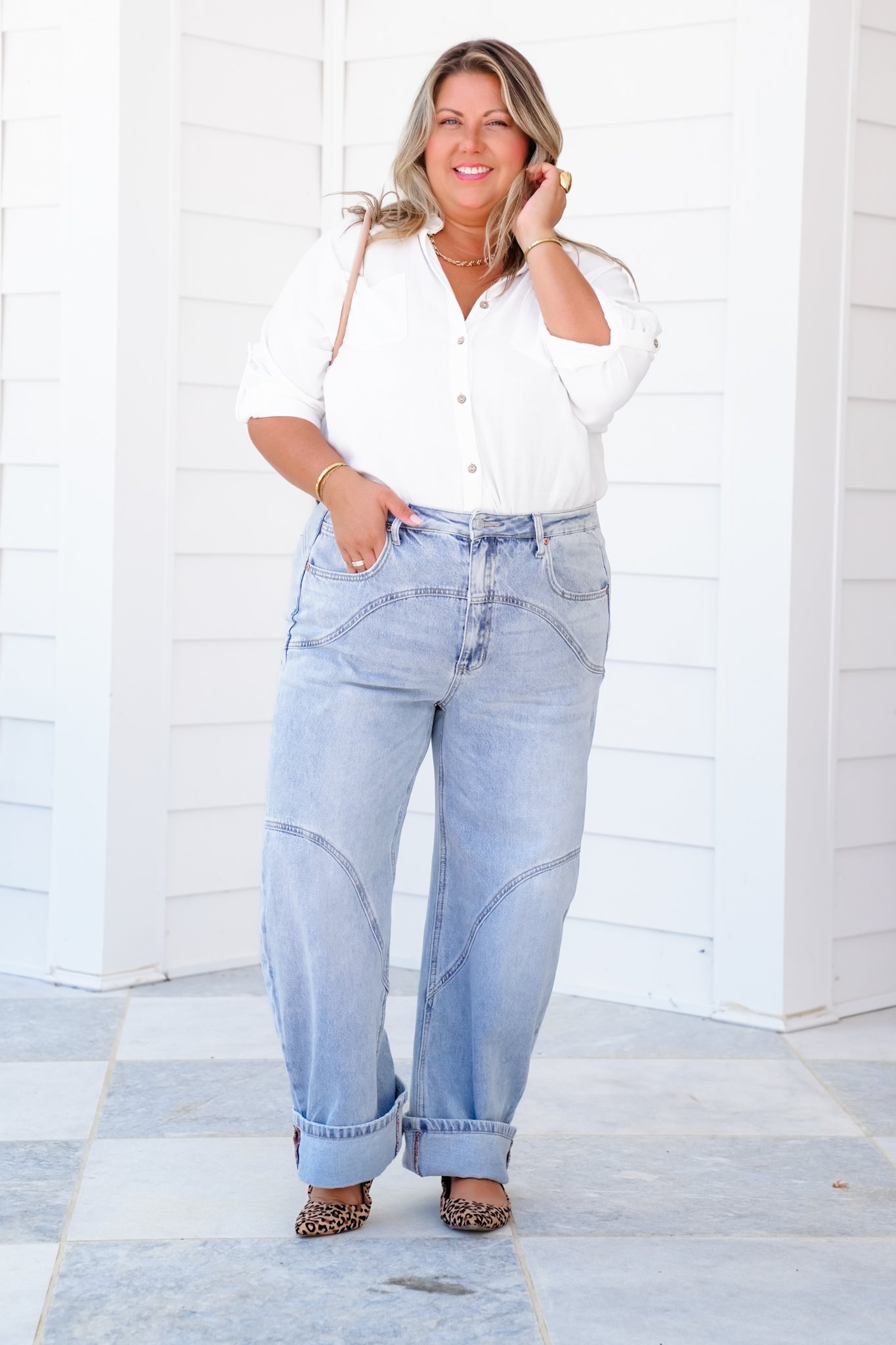 Saige High Rise Light Wash Barrel Jeans with Wide Cuff