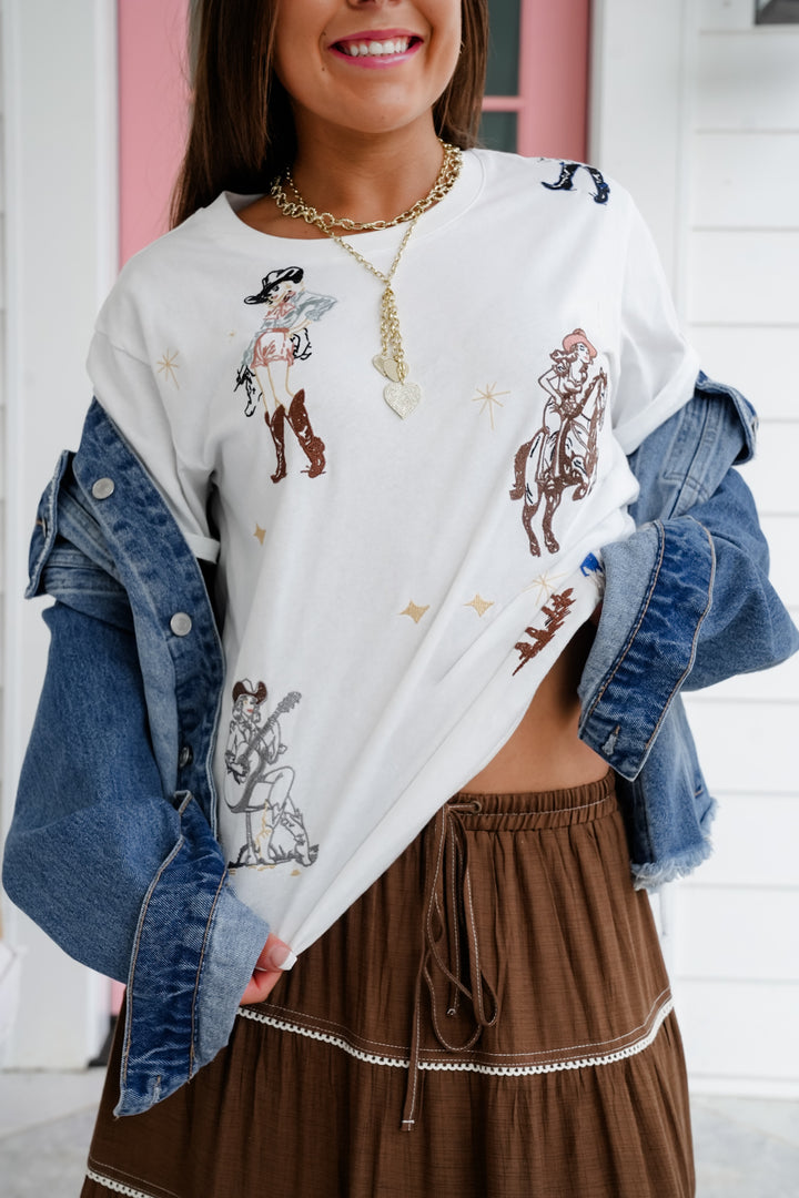 Short Sleeve T-Shirt With Cow Girl Embroidery Detail