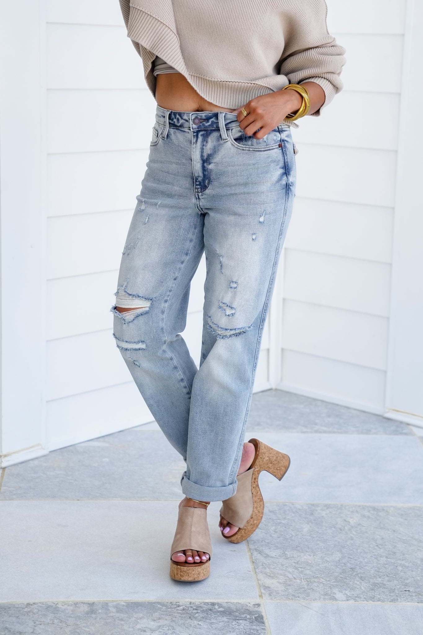 Judy Blue Mid Rise Light Wash Cuffed Boyfriend Jeans with Distressed Repair Stitch