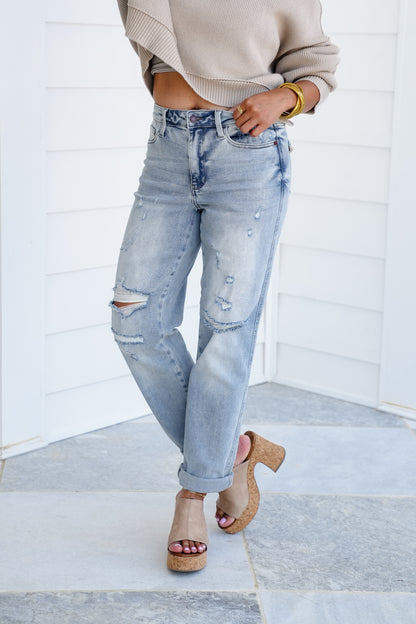 Judy Blue Mid Rise Light Wash Cuffed Boyfriend Jeans with Distressed Repair Stitch