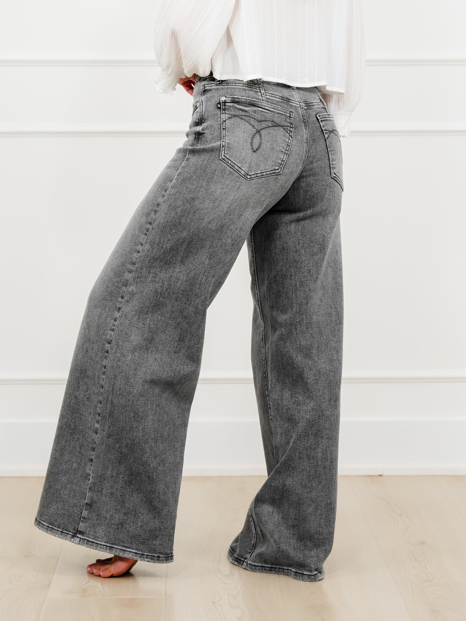 Judy Blue Stormy Days Mid Rise Gray Palazzo Jeans with Split Back