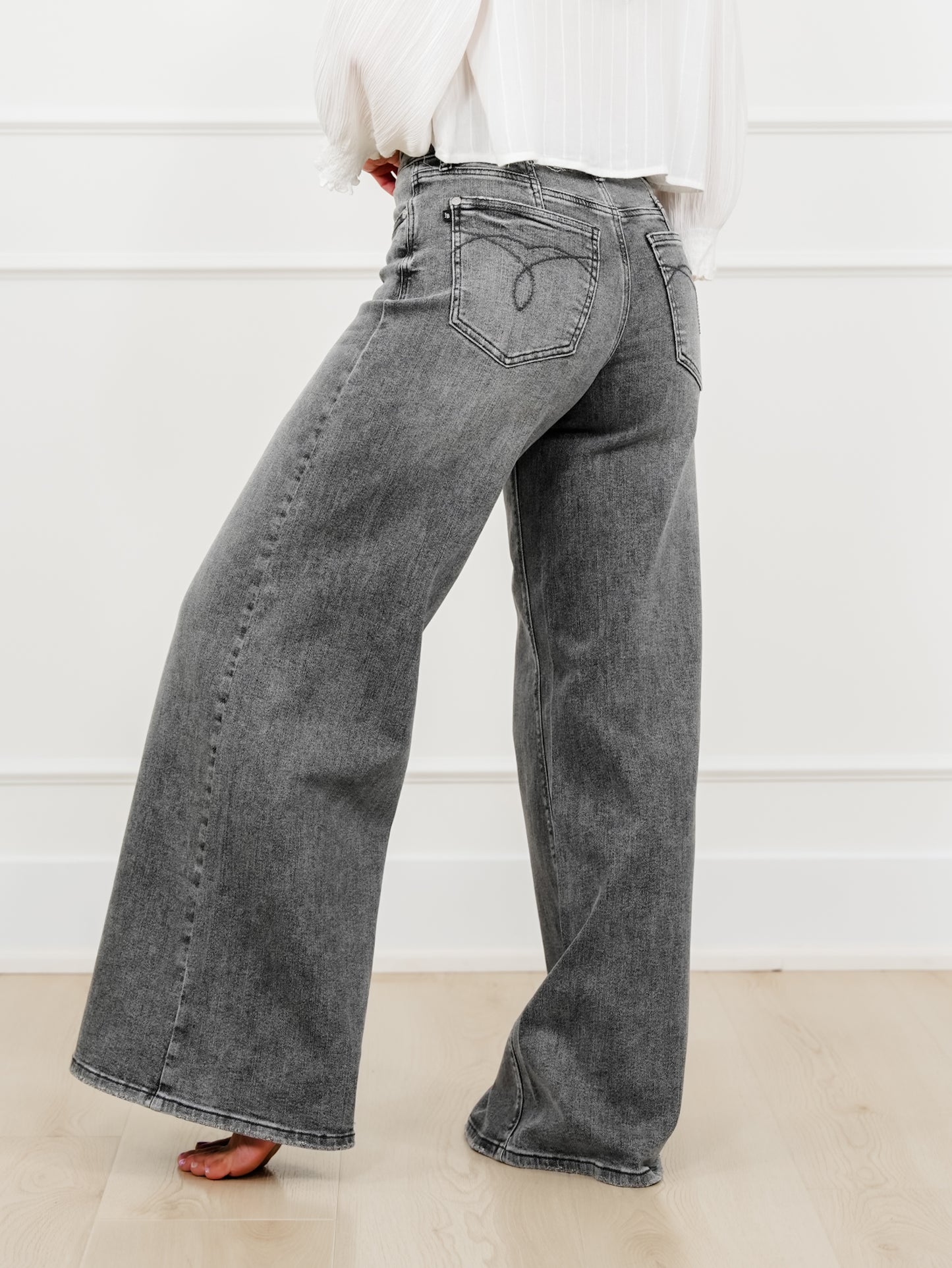 Judy Blue Stormy Days Mid Rise Gray Palazzo Jeans with Split Back Yokes