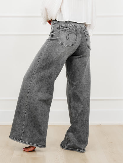 Judy Blue Stormy Days Mid Rise Gray Palazzo Jeans with Split Back Yokes