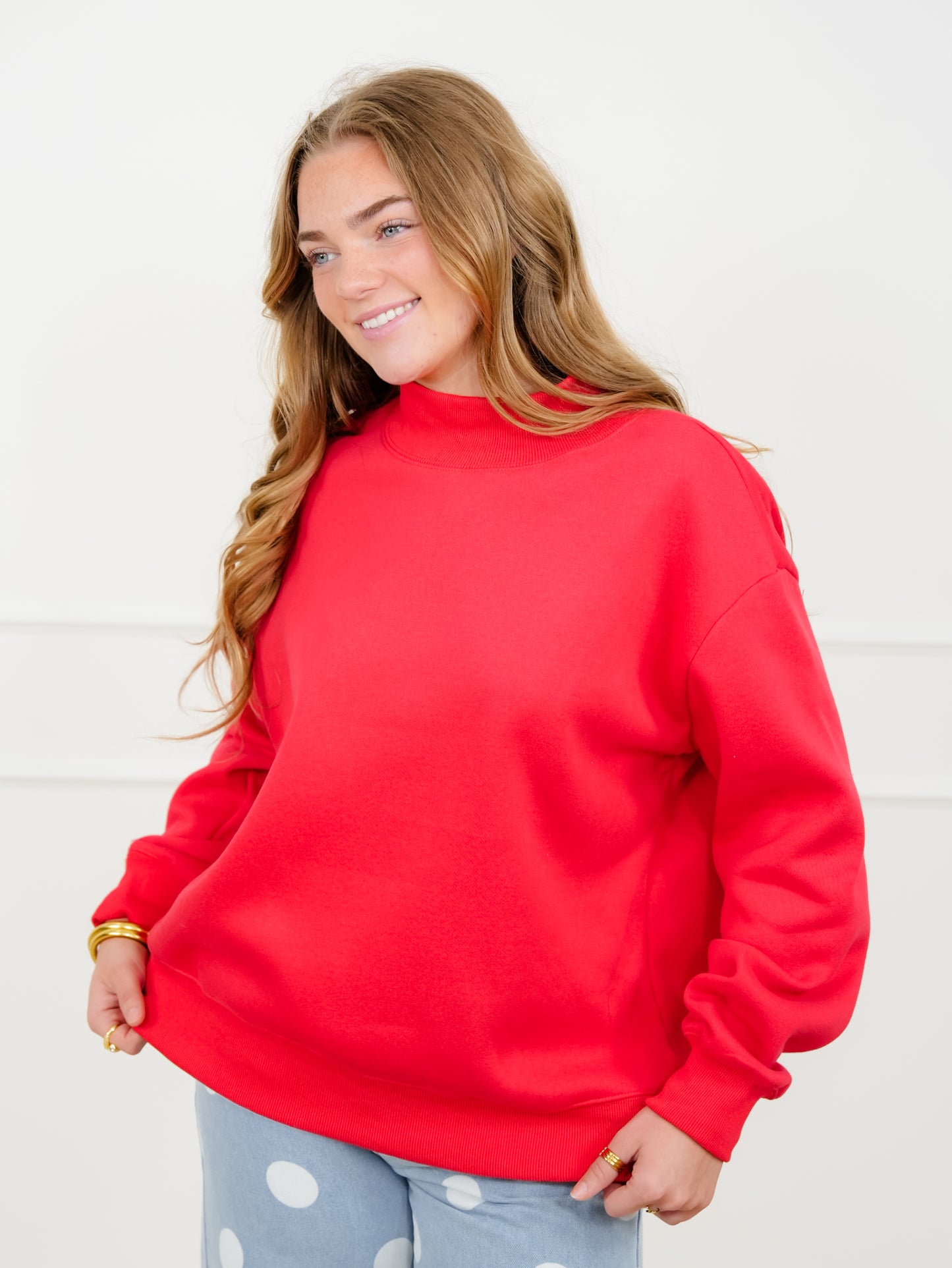 Plus/Reg Solid Long Sleeve Mock Neck Pullover Sweatshirt