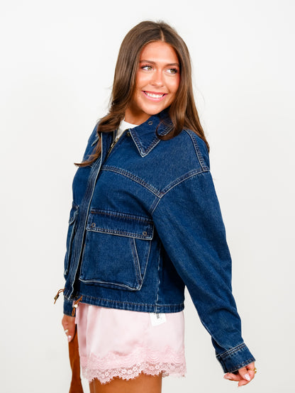 Dark Wash Long Sleeve Zip Up Utility Jacket