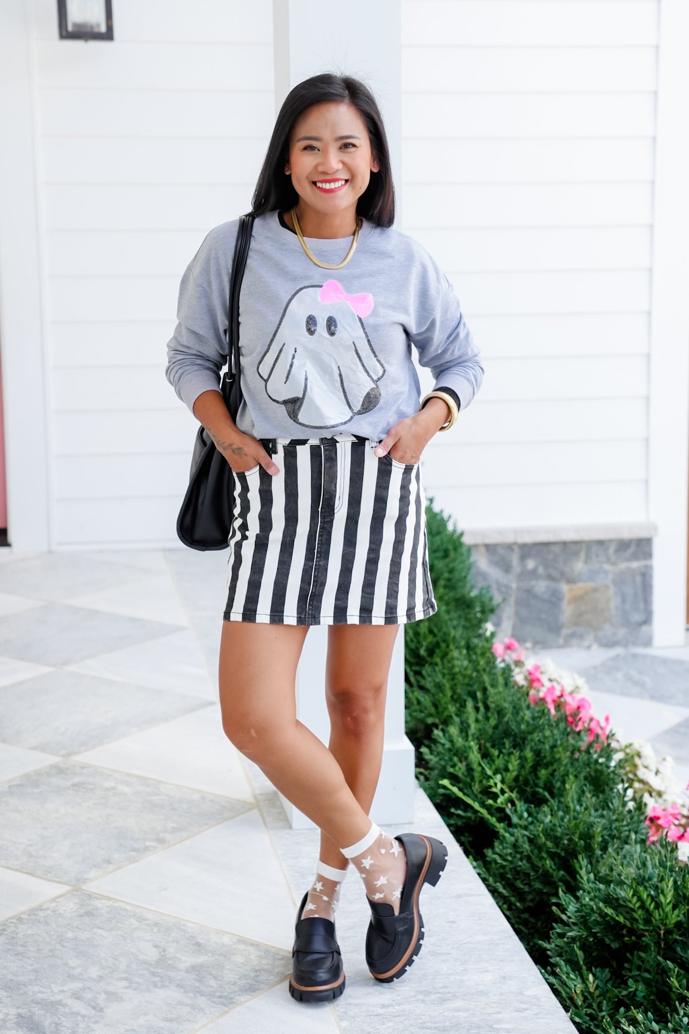 Plus/Reg Metallic Ghost Long Sleeve Pullover Top