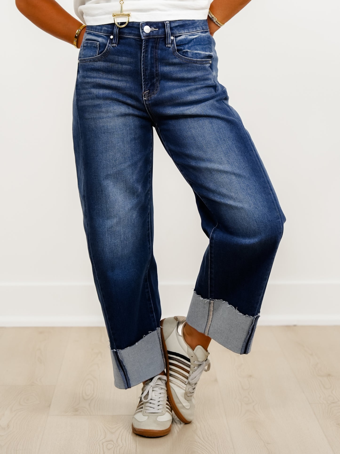 Risen High Rise Dark Wash Slouchy Cropped Cuffed Barrel Jeans