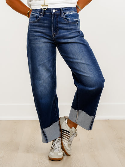Risen High Rise Dark Wash Slouchy Cropped Cuffed Barrel Jeans