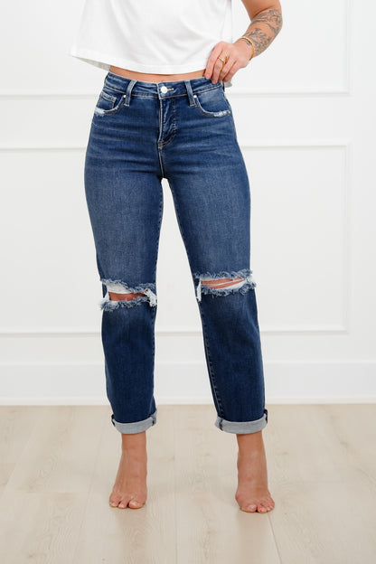 Risen High Rise Dark Wash Tummy Control Distressed Girlfriend Jeans