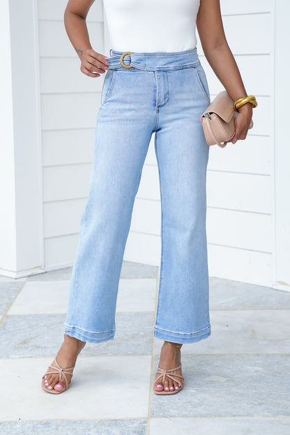 Risen High Rise Light Wash Tummy Control Cropped Wide Leg Jeans with Front Waistband Detail