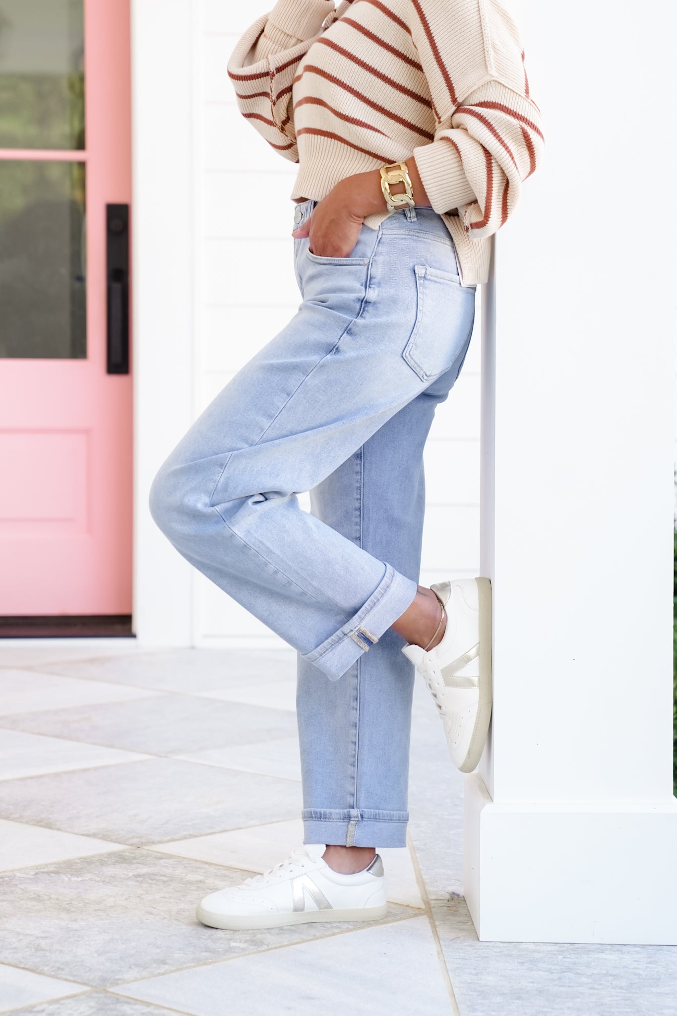 Risen High Rise Light Wash Cuffed Barrel Jeans