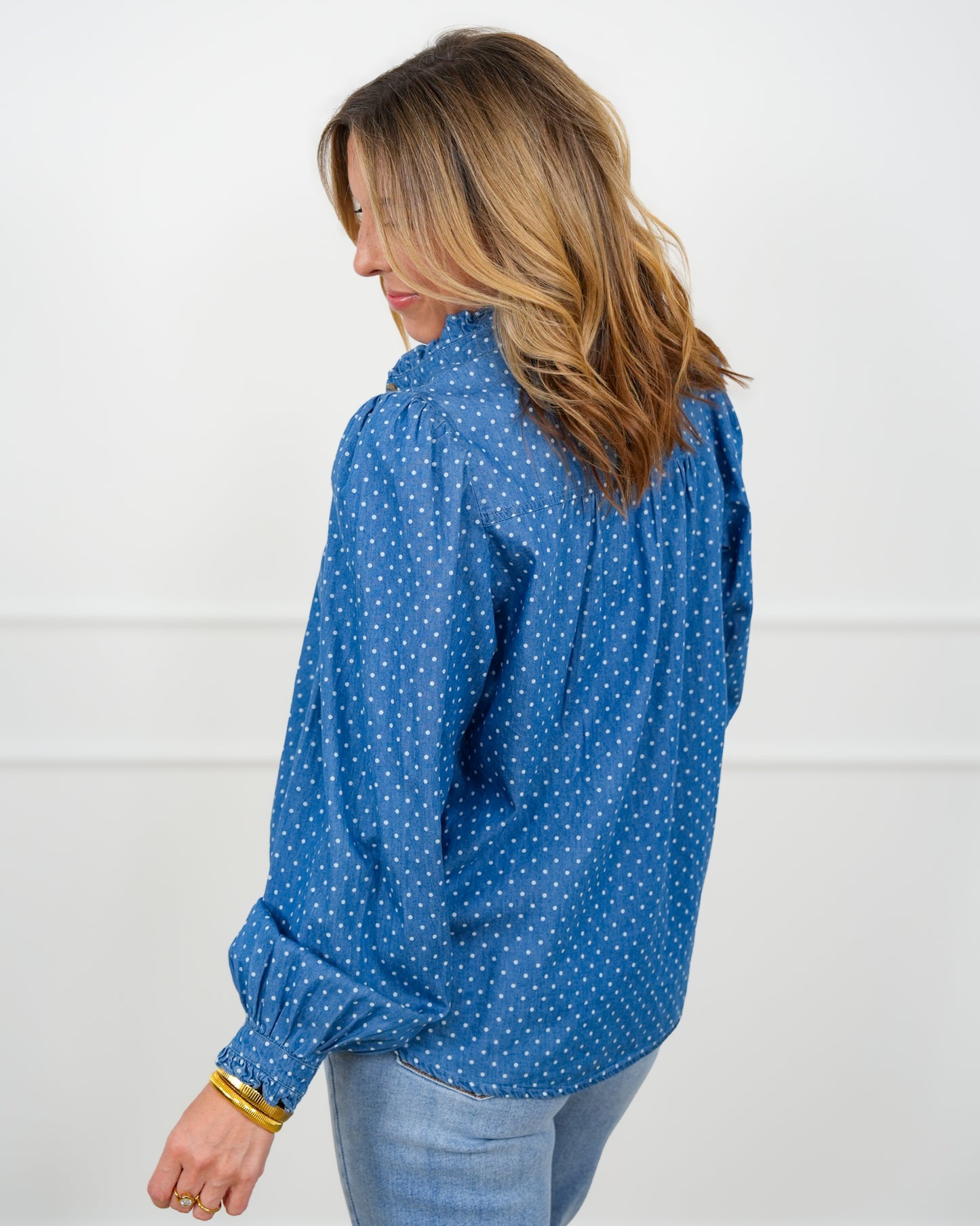 Polka Dot Dark Wash Long Sleeve Top