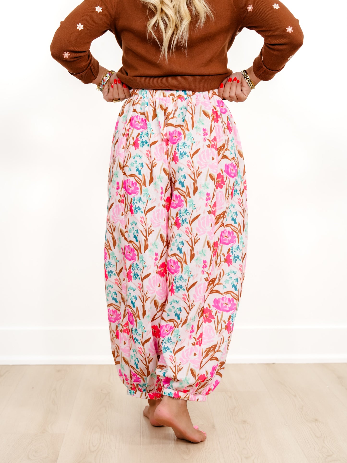 Floral Print Elastic Waist Harem Pants