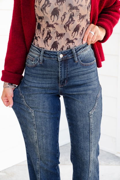 Judy Blue Mid Rise Dark Wash Straight Leg Jeans with Western Style Seam