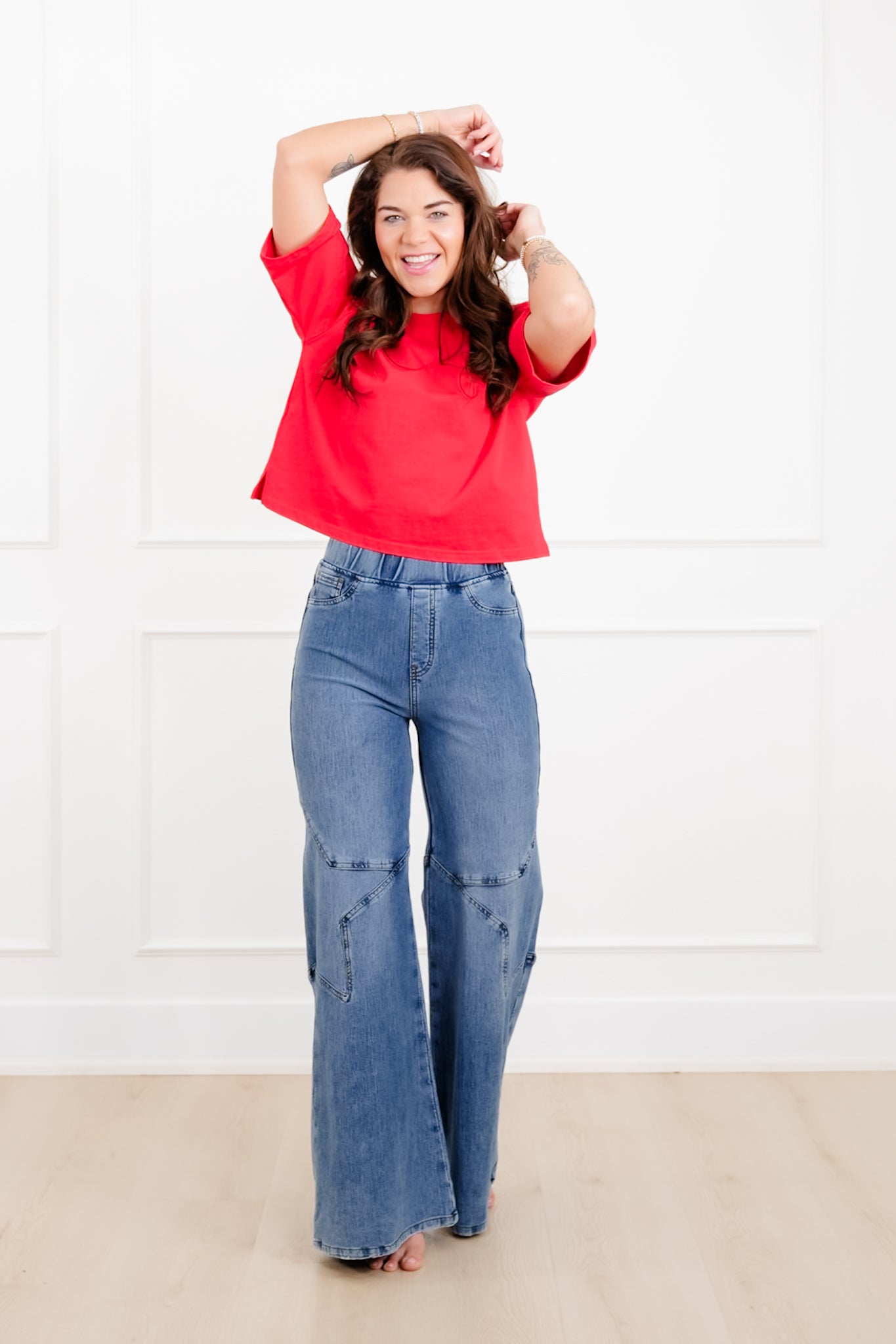 Plus/Reg Saige High Rise Medium Wash Pull On Star Wide Leg Knit Jeans