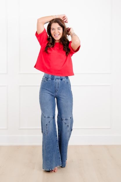 Plus/Reg Saige High Rise Medium Wash Pull On Star Wide Leg Knit Jeans