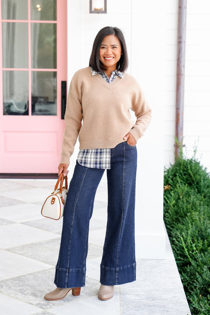 Risen Poppy Lane Mid Rise Dark Wash Wide Leg Jeans with Wide Hem