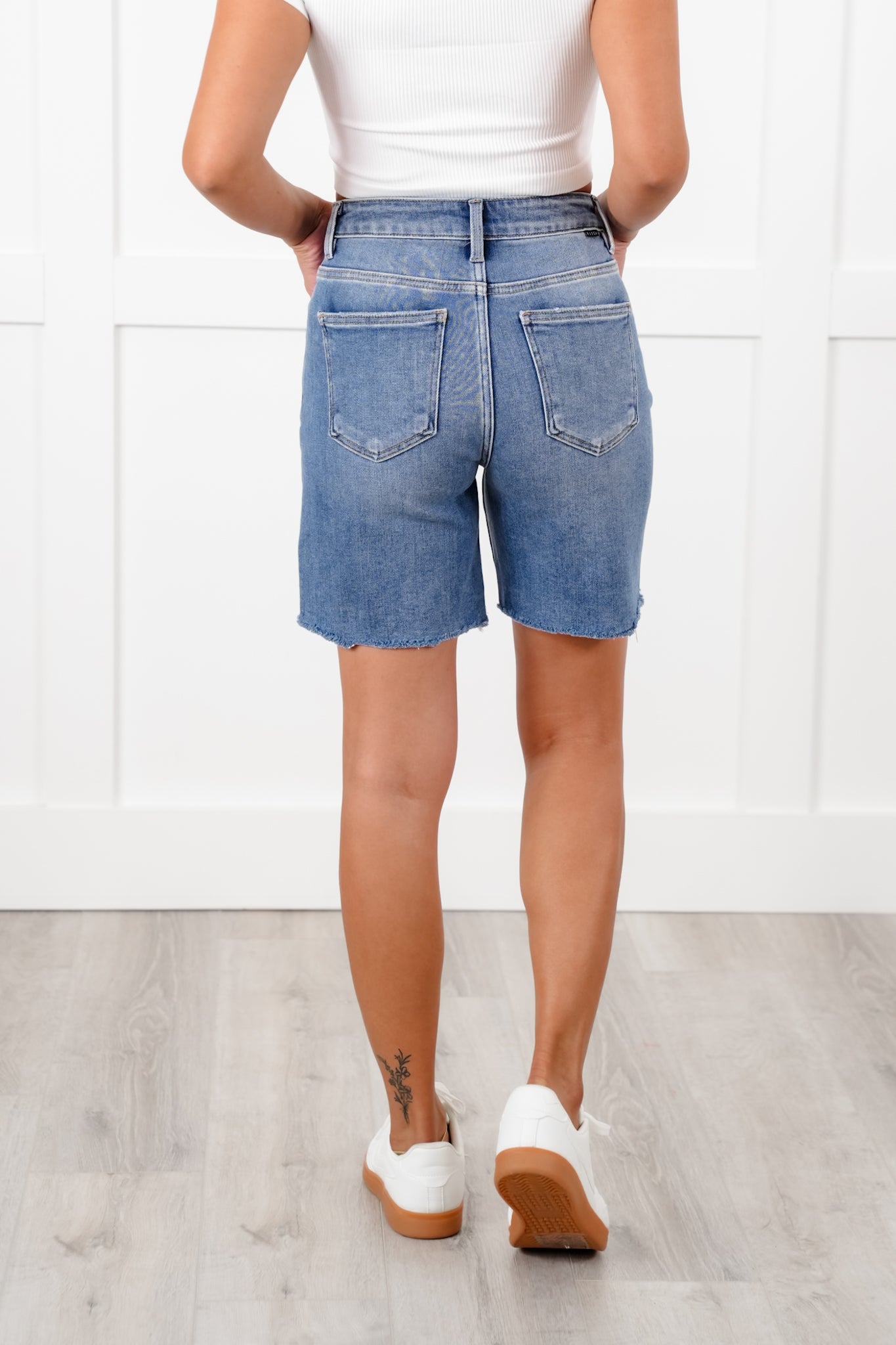 Risen Medium Wash Tummy Control Loose Fit Mid Length Shorts