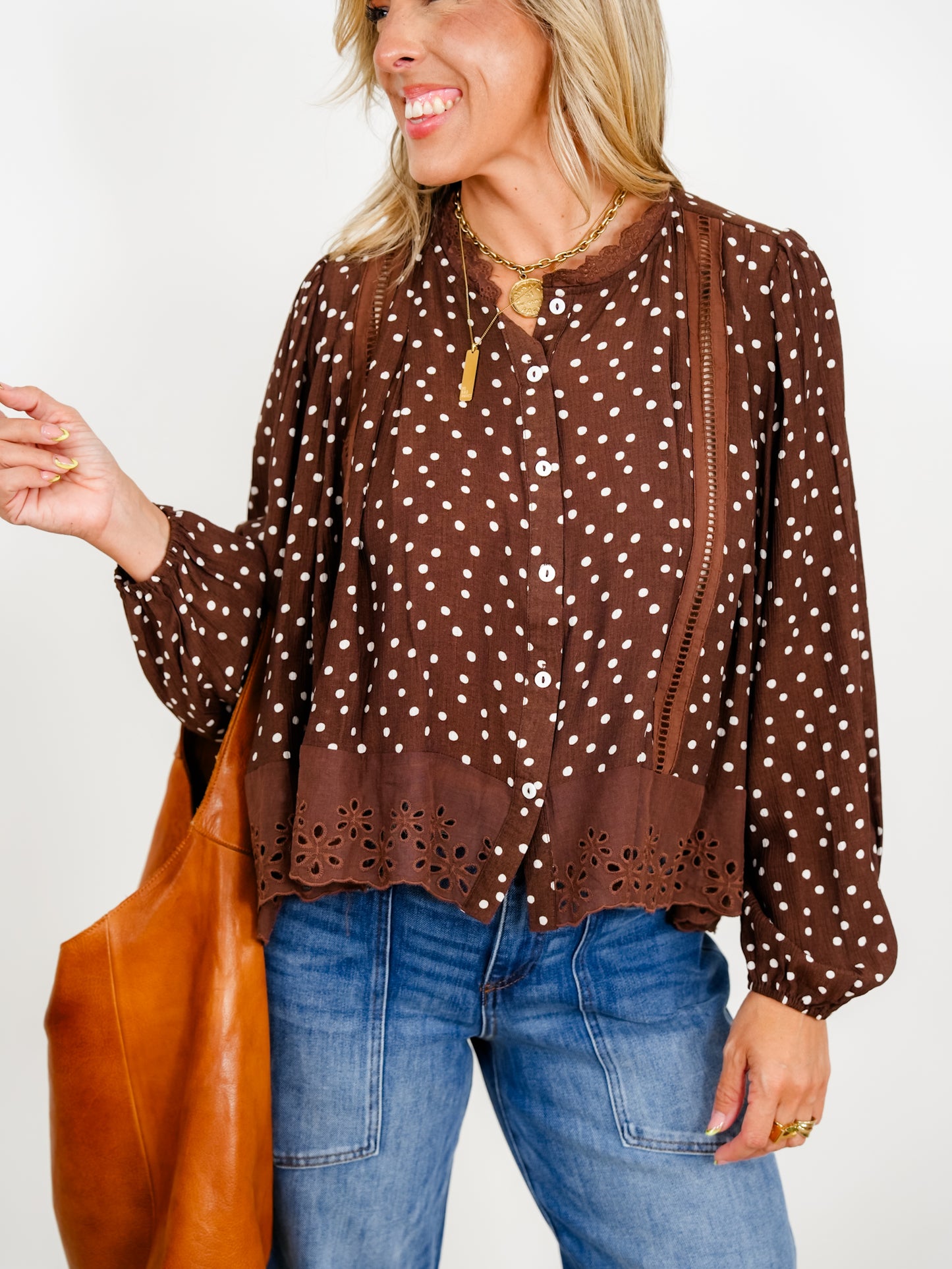 Polka Dot Long sleeve Button Down Top with Eyelet Trim - Freckled Poppy