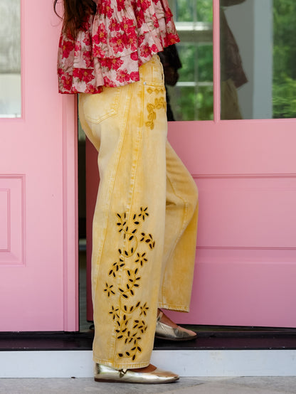 Saige High Rise Yellow Tummy Control Barrel Jeans With Eyelet Embroidery