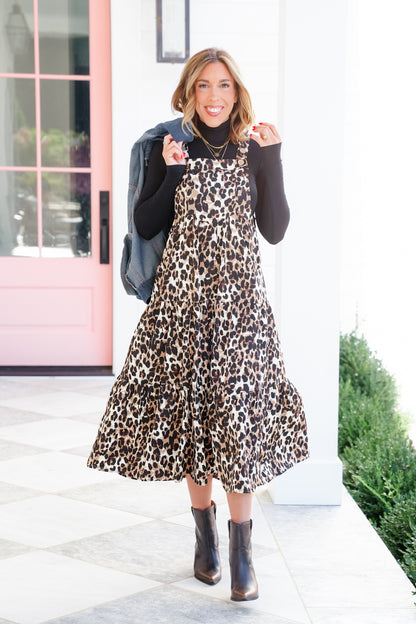 Plus/Reg Leopard Sleeveless Bib Overall Midi Dress