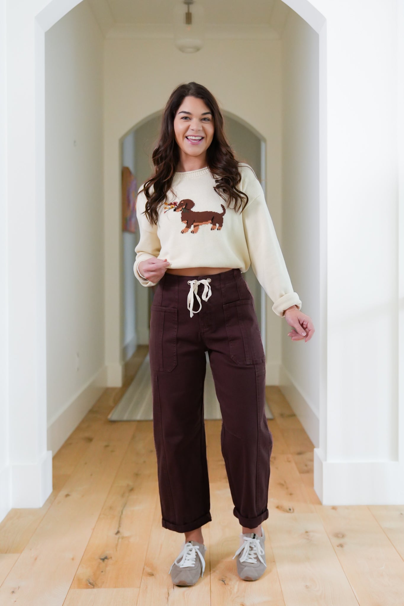 Risen High Rise Brown Wide Leg Barrel Cargo Jeans with Cuff