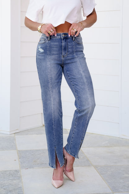 Judy Blue High Rise Medium Vintage Wash Straight Leg Jeans with Front Seam and Slit
