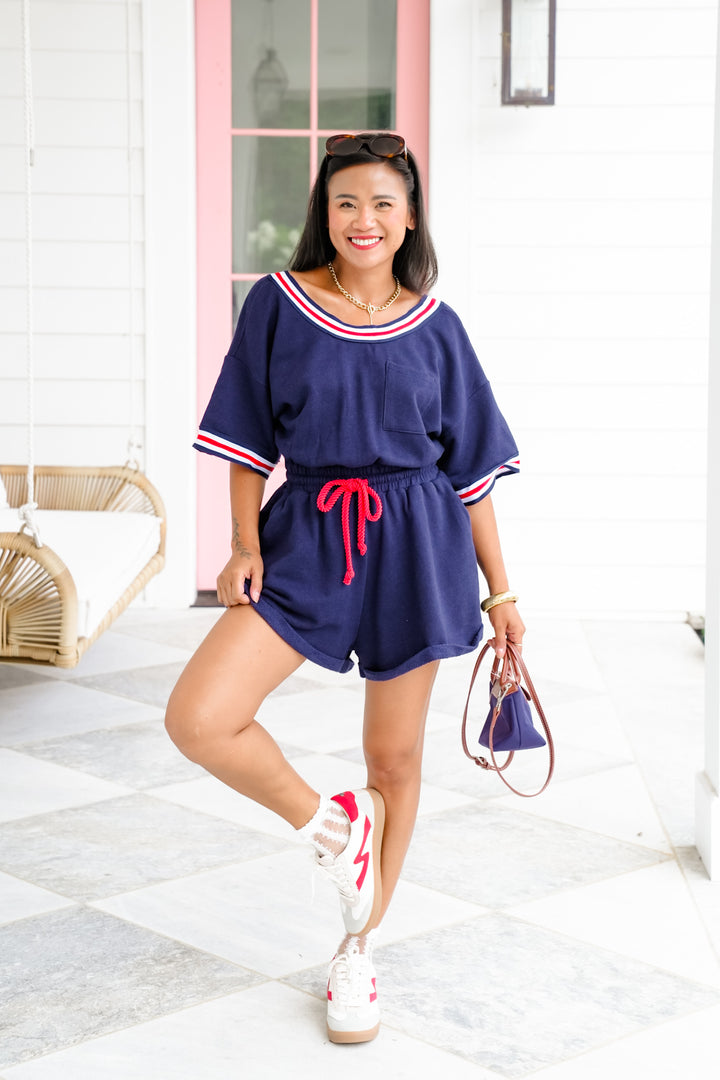 Short Sleeve Terry Romper with Stripe Trim Detail