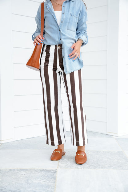 Mica High Rise Brown and Cream Striped Cropped Wide Leg Jeans