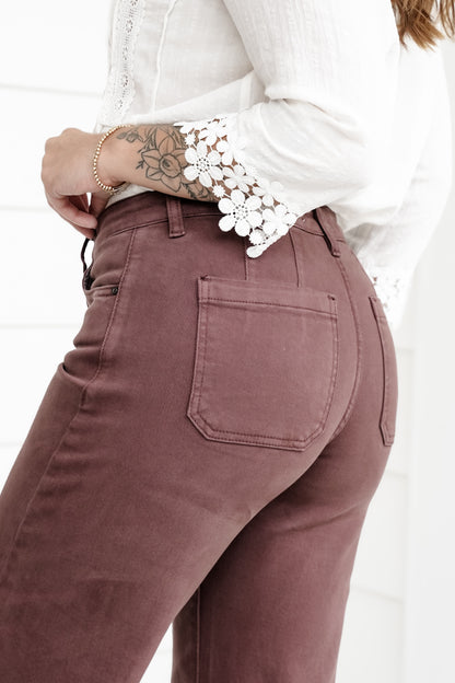 Risen Espresso Lane Mid Rise Brown Tummy Control Wide Leg Jeans with Large Wide Hem